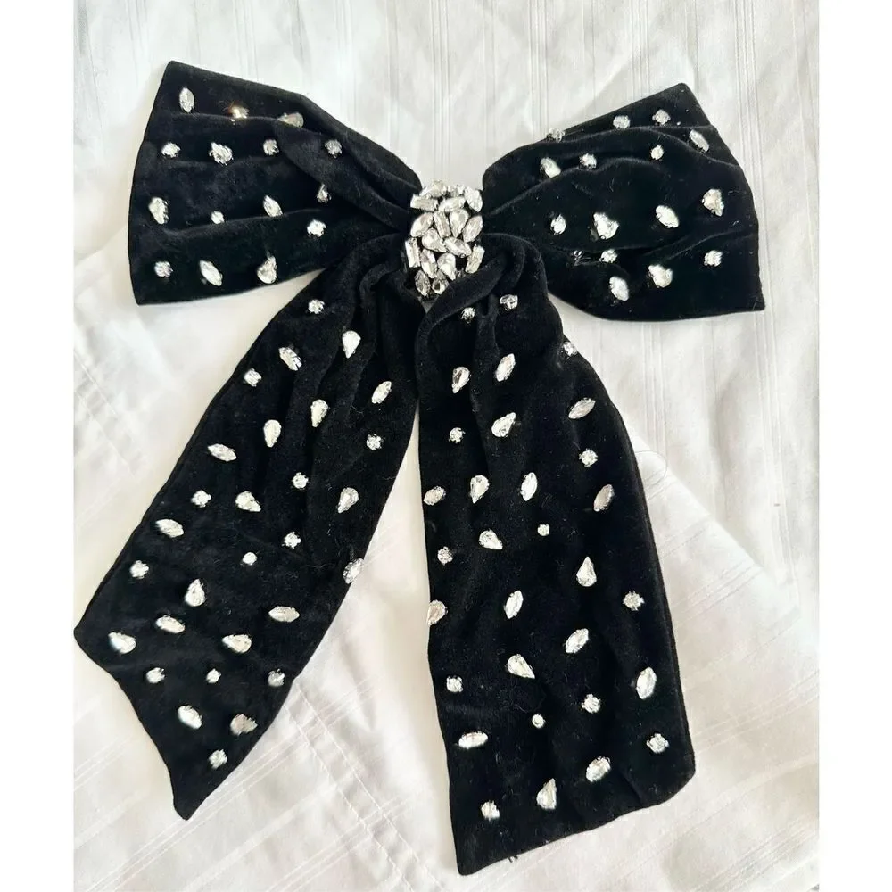 Black Velvet Rhinestone Bow Hair Barrette | NWT